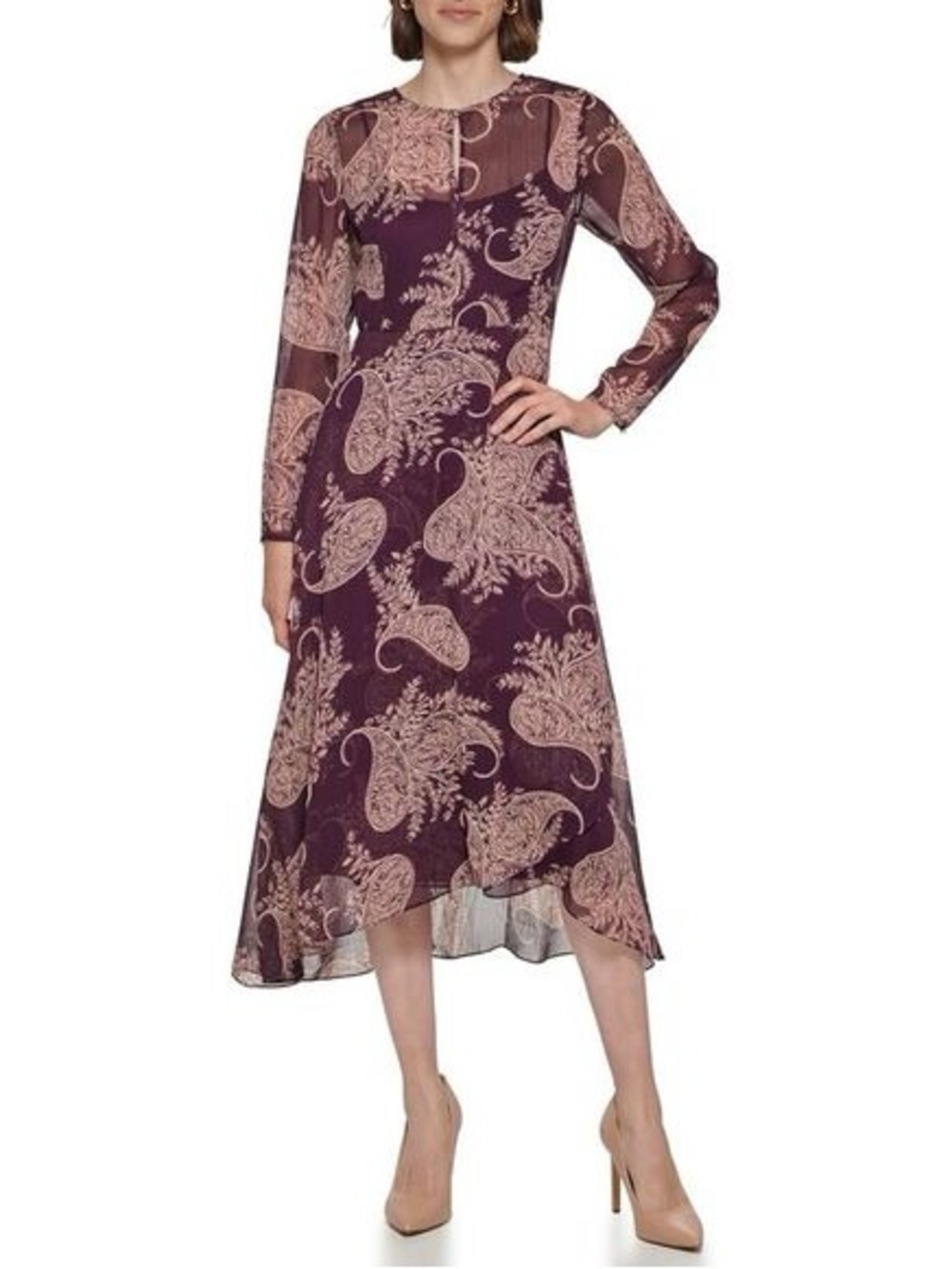 NWT Tommy Hilfiger Long Sleeve Paisley Midi Dress in Deep Plum size 6